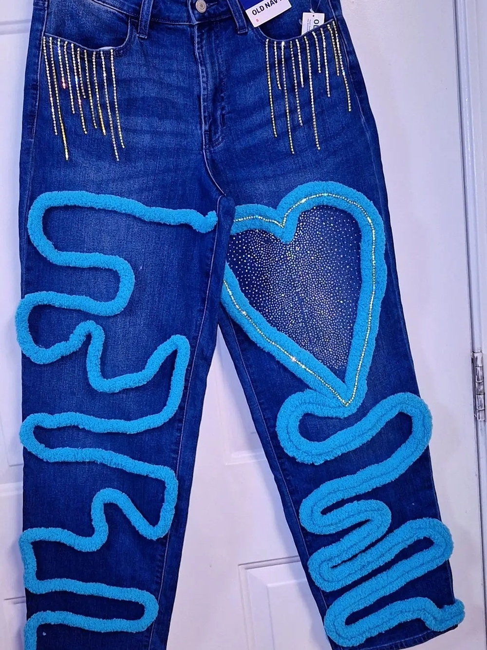 Old Navy Dark Blue Jeans with Bright Turquoise Heart & Trim